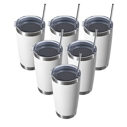 Muchenghy 20Oz Stainless Steel Tumbler With Lid And Straw, Double Wall Vacuum Insulated Travel Coffee Mug, Powder Coated Thermal Cup For Cold & Hot Drinks(White, 6 Pack) #TOP2
