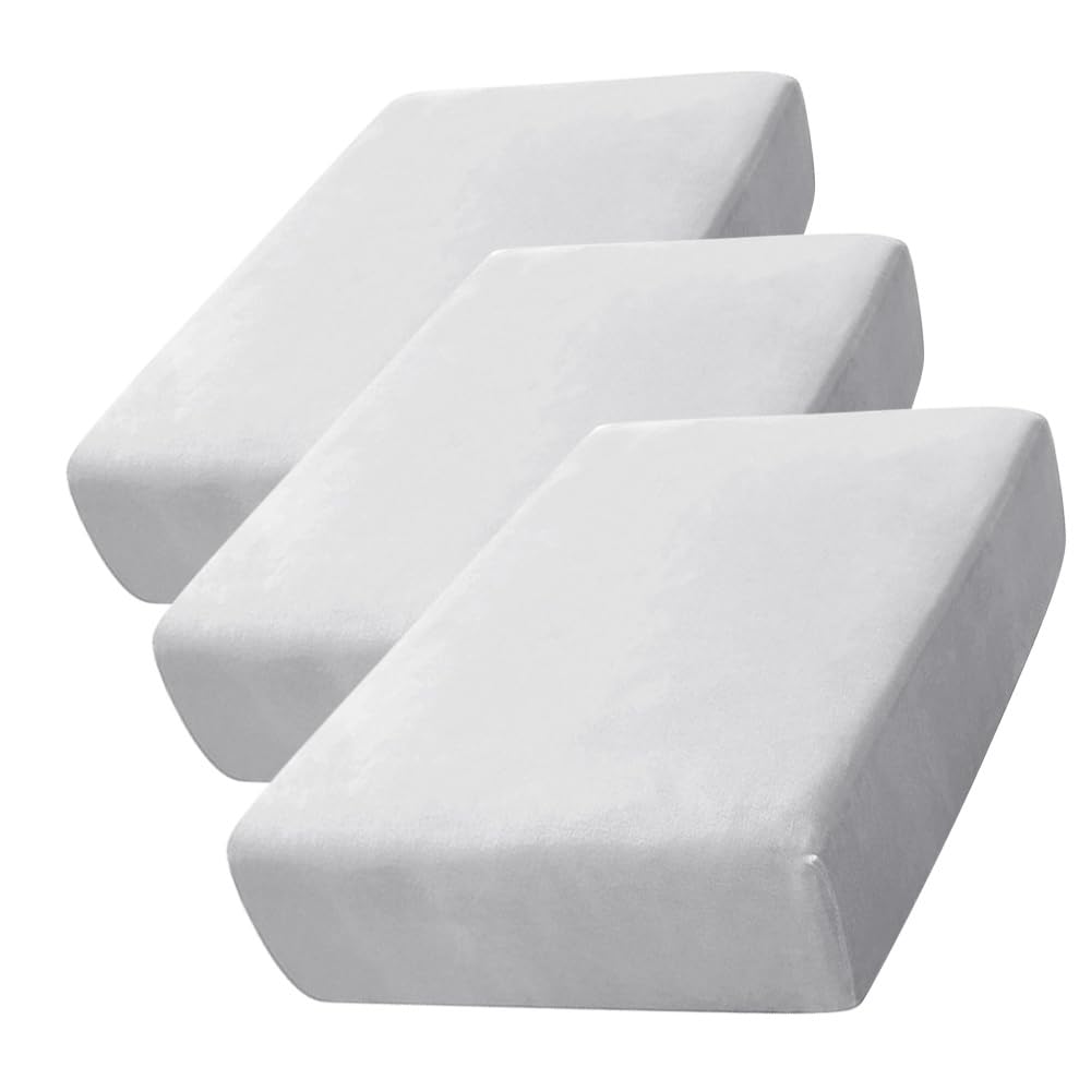 CONRUSER Stretch Cushion Cover, Soft Velvet Couch Cushion Slipcover Sofa Seat Covers Furniture Protector with Elastic Bottom (Light Grey, 3)