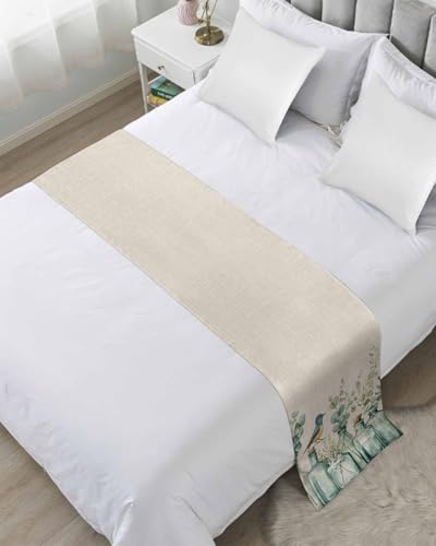 Teal Eucalyptus Leaves Bed Runner for King Size, Rustic Vase Birds Bedspread Protector Slipcover Bed Scarf for Foot Runners & Scarves for Bedroom Hotel Wedding Room 102x20 Inches