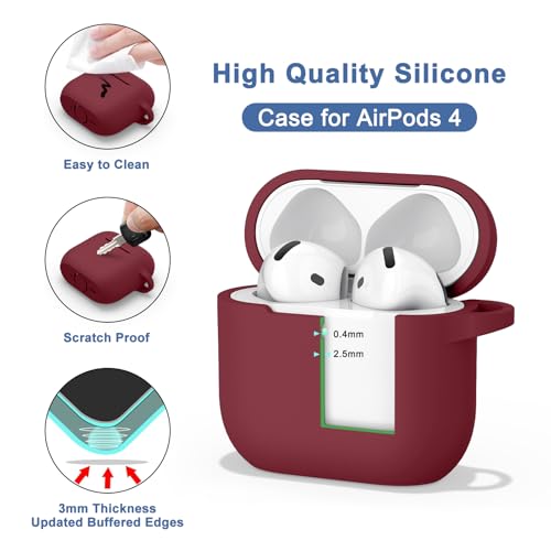 Image of Tobfit Case for AirPods 4 Case Cover 2024 with Lanyard & Keychain, Soft Silicone Protective Case for Apple AirPods 4th Generation, Full Protection, Support Wireless Charging - Wine Red