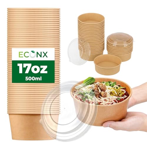 ECONX 17oz 500ml Kraft Salad Paper Bowls with Lids 20 Pcs Disposable Takeaway Bowls Salad Food Container for Hot Cold Food Leakproof Soup Containers for Business, Restaurant