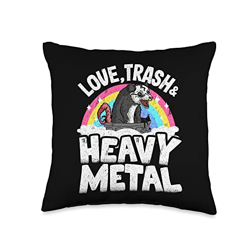 Funny Metalheads & Death Metal Gifts For Men Women Love Trash & Heavy Opossum Punk Band Metal Rainbow Throw Pillow, 16x16, Multicolor