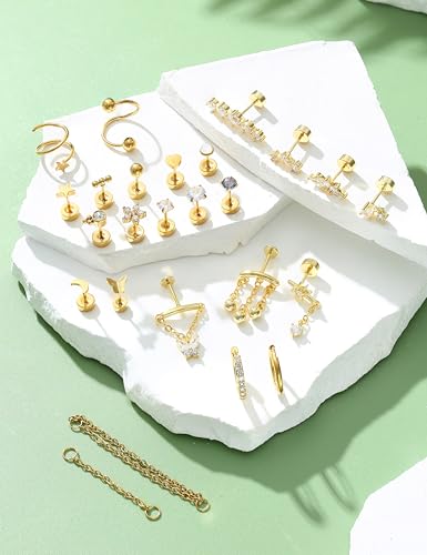 Adramata 25Pcs Helix Piercing Jewellery Surgical Steel Cartilage Earrings for Women 18K Gold/Silver Plated Flat Back Hoop Stud Earring Set for Multiple Piercings Daith Conch Tragus Piercing Jewellery - Image 6