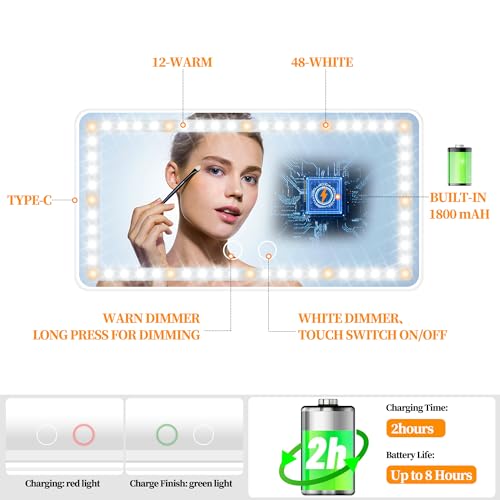 Image of Car Visor Vanity Mirror,Car Makeup Mirror with 60 LED Lights,Car Cosmetic Mirror with Built-in Battery,Rechargeable Touch Screen LED Makeup Travel Mirror,3 Light Mode Dimmable (with Battery, White)