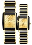 Gosasa Vintage Couple Watches Men and Women Matching Quartz Watch Square Ceramic His and Hers Watches Set Pair Watches Diamond Waterproof (Black Gold)