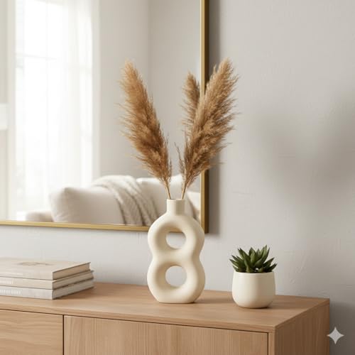 Image of Modern Ceramic Ring Vase with Pink Floral Stems, White, Decorative Flower Holder for Home (7.5 x 9)