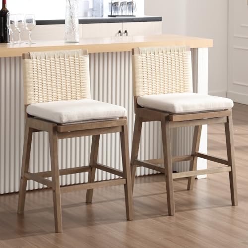 LukeAlon-Woven-Linen-Counter-Stools-Set-of-2-2725-Seat-Height-Low-Bar-Stools-with-Solid-Wood-Legs-Mid-Century-Kitchen-Stools-Square-Rope-Back-Pub-Stools-with-Footrest-Indoor-Beige LukeAlon Woven Linen Counter Stools Set of 2 2725 Seat Height Low Bar Stools with Solid Wood Legs Mid Century Kitchen Stools Square Rope Back Pub Stools with Footrest Indoor Beige