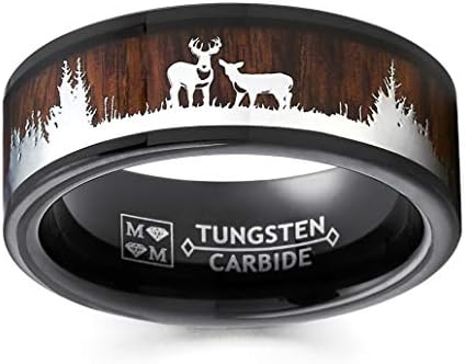 Metal Masters Co. Men's Black Tungsten Hunting Ring Wedding Band Wood Inlay Deer Stag Silhouette 10