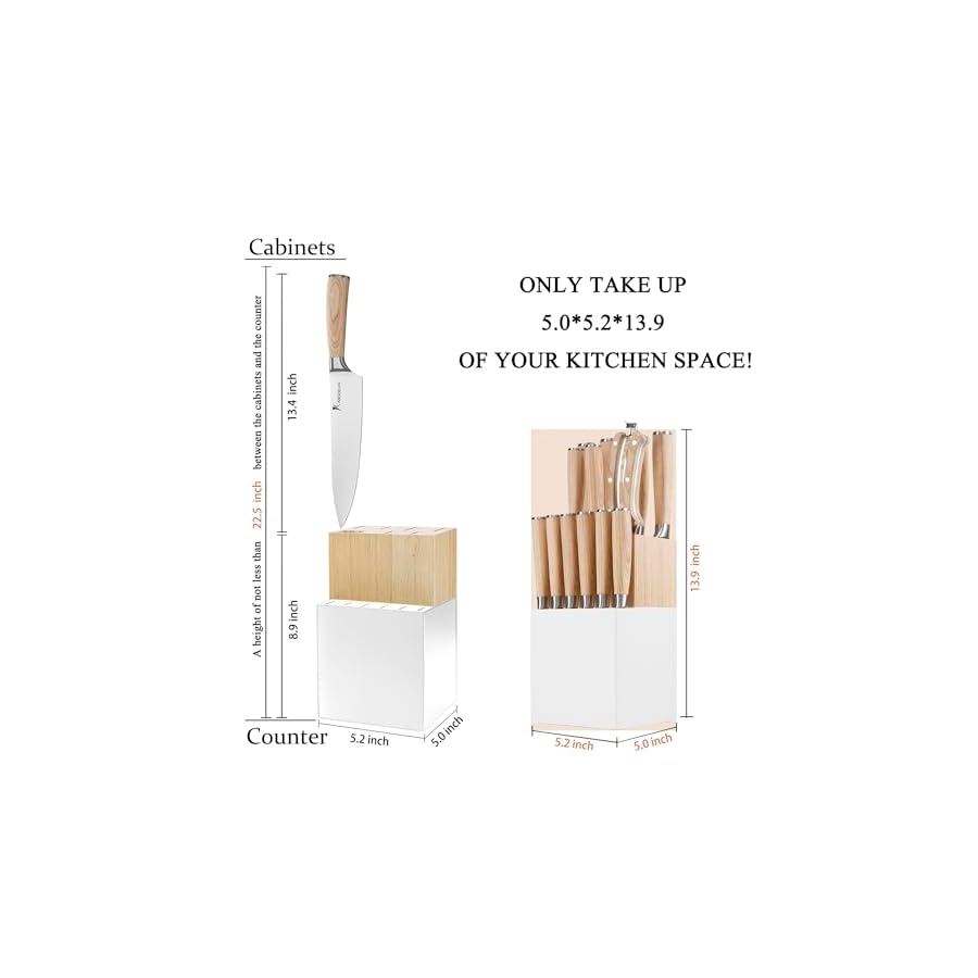 Kangdelun 14 PCS White Block Knife Set, Ultra Sharp High Carbon Stainless Steel, Wood Handle