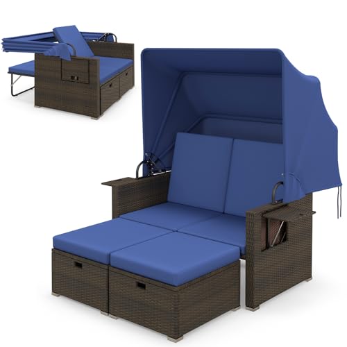 Moccha Outdoor Daybed with Retractable Canopy - Rattan Loveseat Sofa Set w/ Adjustable Backrests, 2 Folding Side Panels, Storage Ottomans, Double Bed Lounger for Garden Patio Furniture Set (Navy)