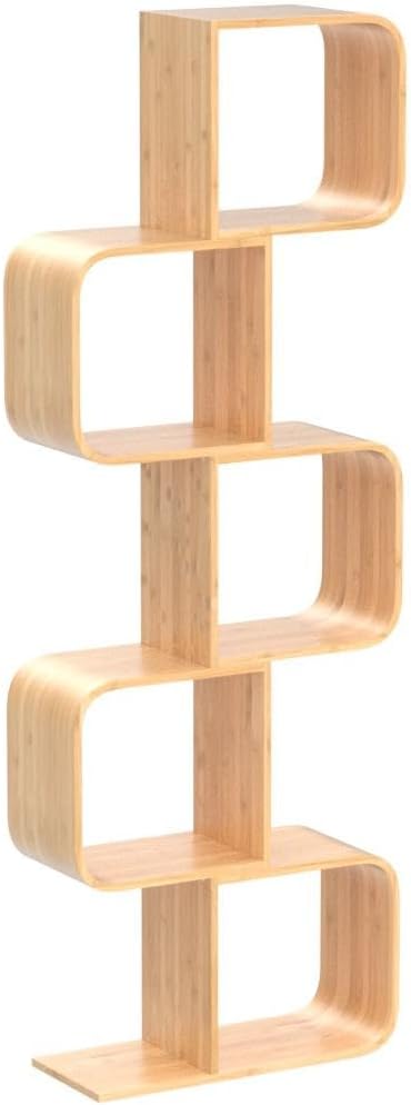 5-Tier Bamboo Geometric S-Shaped Bookshelf, Large Capacity Free-Standing Bedside Table Storage CDs, DVDs Display Rack Opening Style Standing Book Shelf for Home, Office, Living Room, Bedroom