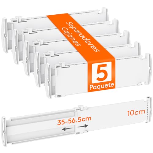Lifewit Juego de 5 separadores de cajones ajustables, para longitud interior de 37 – 50 cm y altura  10,5 cm, organizador para cambiadores, armarios, cocina, escritorio, color blanco
