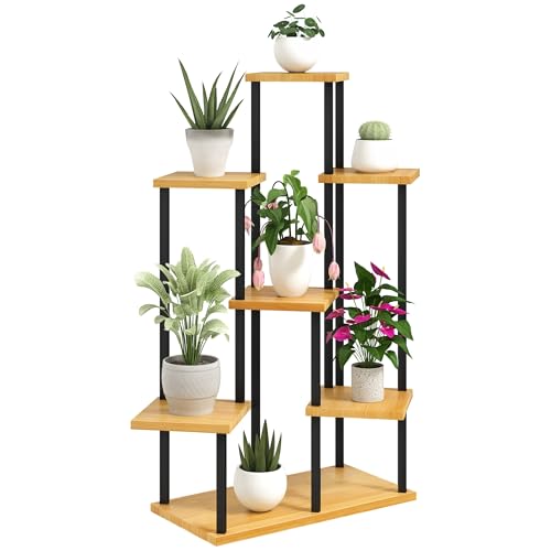 Outsunny Support à plantes à 7 niveaux pour intérieur et extérieur, étagère plante en acier et bois, porte plantes pour jardin, terrasse, balcon, salon, bois naturel