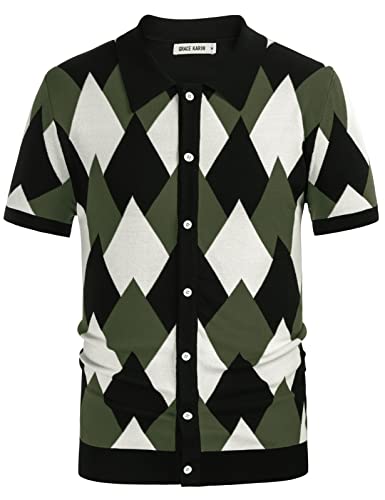GRACE KARIN Men's Fashion Short Sleeve Knitwear Polo Shirts Argyle Cardigan Sweater Green M