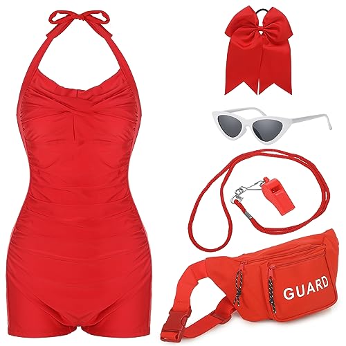 Ramede 5 Pcs Halloween Costume for Women Guard Costume Set Boyleg Swimsuit Fanny Pack Whistle Hair Bow Sunglasses(Medium)