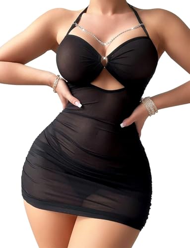Avidlove Sexy Lingerie for Women Sheer Lingerie Set Mini Babydoll Dress Mesh Ruched Bodycon Black M