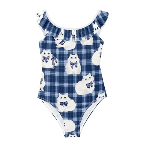 Bañador de niña de 3 a 6 años azul y blanco con estampado de gatos