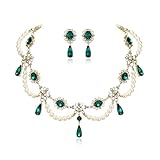 BriLove 1920s Simulated Pearls Halloween Gothic Costume Multi Layered Collar Necklace Dangle Earrings Set for Women Vampire Cosplay Party Prom Accessory Emerald Color Antique-Gold-Tone