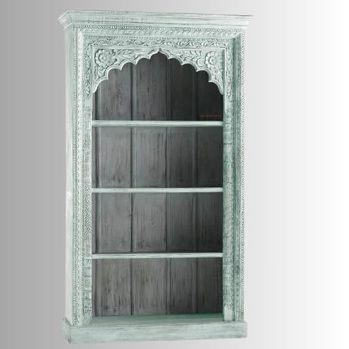 Image of Solid Wooden Book Shelf | Handcrafted Carved Display Unit Book Stand, Antique Wooden Book Shelves for Living Room, Office & Bedroom, Solid Wood Bookcase, Rustic Bookshelf, Light Turquoise