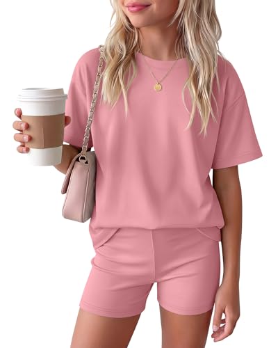 Image of Oakgarden Summer Outfits for Girls 5-14Y Athletic Casual Sets Kid Short Sleeve Shirt Bike Shorts 2 Piece Tween Trendy Clothes