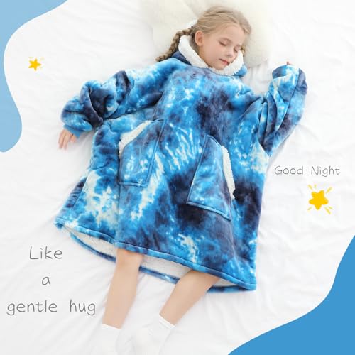 Kipswiza Blanket Hoodie for Kids Oversized Wearable Blanket, Super Soft Warm Sherpa Fleece Blankets Sweatshirt for Girls Boys Children - Blue Tie Dye