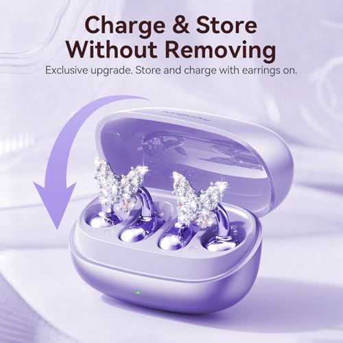 Kinglucky Gen2 Clip-On Earbuds with Butterfly Earrings, Charge & Store Without Removing Earrings, Comfortable Fit & 50H Playtime Bluetooth Open Ear Headphones for Women, Small Ears, Gifts (Purple) by Kinglucky - Image 5