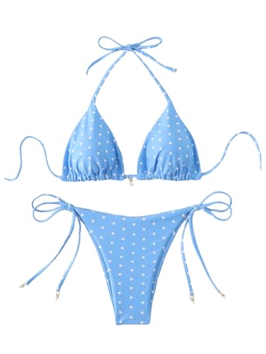 Image of SOLY HUX Women's Polka Dots Print Bathing Suit Halter Triangle Tie Side Bikini Sets Two Piece Swimsuit