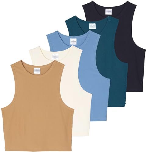 Real Essentials 5 Pack: Women’s Ribbed Crop Tank Tops Sleeveless