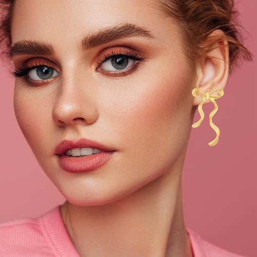 Cute Gold Bow Drop Elegant Statement Earrings - Bow Tassel, Minimalist Ribbon Design For Women's Prom, Birthday Party Jewelry3
