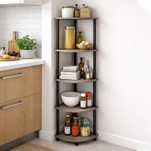 Image of JD FRESH 5-Tier Wooden Open Corner Rack /Table Corner Display Rack /Storage Shelf Stand /Multipurpose Shelf for Living Room, Bedroom, Home Office Display (Cambridge, Walnut)