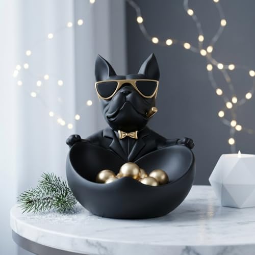 Image of Xtore Striking Bulldog Storage Organizer Figurine for Home & Office Decor | Modern Matte Black Dog Showpiece with Utility Bowl for Keys, Coins & Accessories (Black, 19.5 cm)