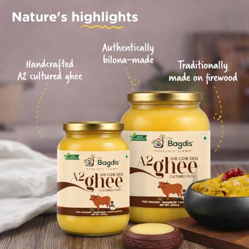 Image of The Bagdis Organic A2 Gir Cow Cultured Ghee | Vedic Bilona Method | Grass-Fed | 100% Organic & Farm Fresh Ghee Glass Bottle (1000ml) | Boosts Immunity & Digestion. Glyphosate Free.
