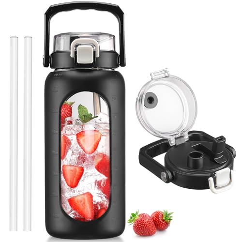 BLUEGO 64oz Glass Water Bottle with Handle and Straw, Motivational Sports Water Bottle with Time Marker and Silicone Sleeve Leakproof Drinking Bottle for Travel Gym Workout, Black