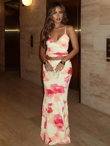 Image of ksotutm Maxi Skirt Set Floral Print Halter Top Maxi Skirt Sexy Going Out Outfits for Women