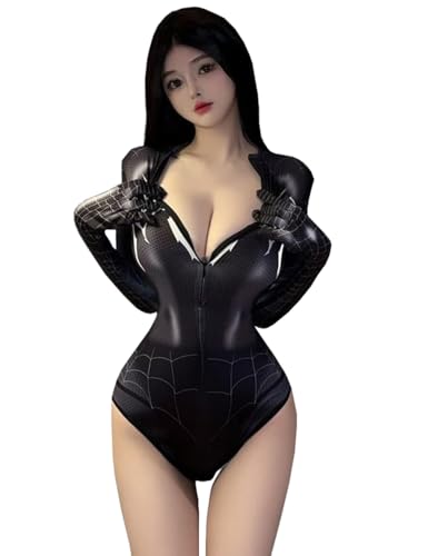 Unibaby Womens Spider Printed Halloween Lingeries Anime Cosplay One Piece Bodysuit Super Hero Role Play Top Suit (Black One Size)