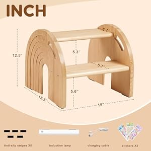 Rainbow Wooden Toddler Step Stool, Two-Step Stool for Bathroom, Kitchen and Potty Training, with Safety Non-Slip Pad, Handle and Auto Light(Natural) Rainbow Wooden Toddler Step Stool Two Step Stool for Bathroom Kitchen and Potty Training with Safety Non Slip Pad Handle and Auto LightNatural