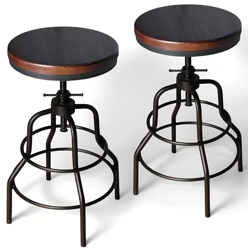 LOKKHAN Vintage Industrial Bar Stool-Rustic Swivel Bar Stool-Round Walnut Wood Metal Stool-Counter/Bar Height Adjustable Pipe Stool-Cast Steel Stool 23.62"-29.52" (Set of 2)