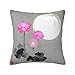 Federa per cuscino a forma di luna con fiori di loto rosa, con inchiostro giapponese, federa quadrata per soggiorno