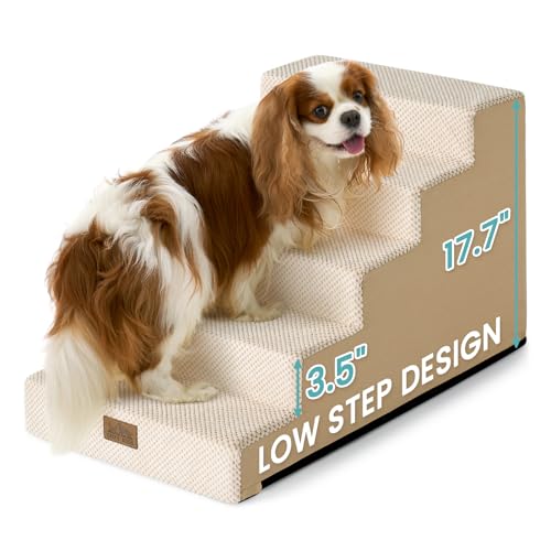 COZY KISS Slope Dog Stairs for Small Dogs 17.7" H, Pet Steps for Bed, Couch with Certified Foam, Non-Slip Dog Ramp Ladder for Puppy Older Cats, 5 Step, Beige