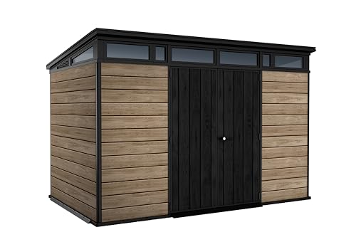 Keter Signature Collection 11x7 Ft All-Weather Storage Shed with Skylight, Window, Built-in Ventilation, Customizable Walls, & Lockable Double Doors, Ashwood