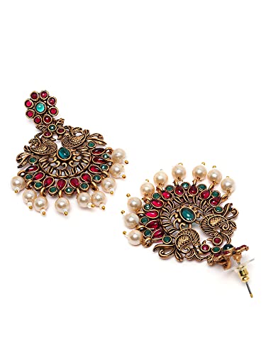 Karatcart Antique Gold Plated Red and Green Kundan Studded Dangler Earrings for Women - Image 6