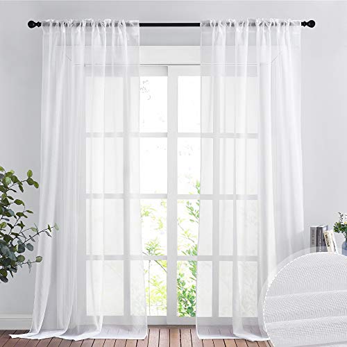 Nicetown White Semi Sheer Curtains For Living Room- Linen Texture Light Airy Drapes, Rod Pocket & Back Tab Design Voile Panels For Large Window, Set Of 2, 55 X 108 Inch #TOP3