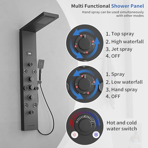 Bathfinesse Shower Panel, Shower Tower, Bathroom Shower Panel Tower System, 6 IN 1 Shower Functions, Stainless Steel Wall Mounted, Black - Thumbnail 5