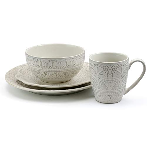 Elama WHITE LACE Elegant Round Embossed Stoneware High Class Dinnerware Dish Set thumb #3
