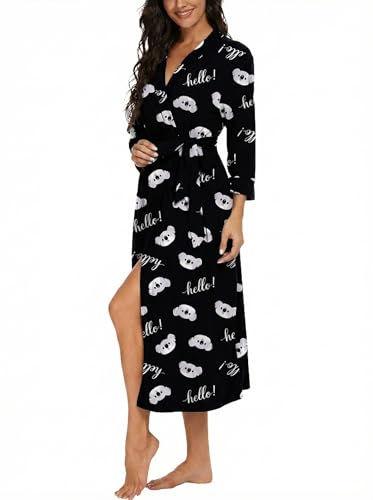 Image of VINTATRE Robes for Women Long Knit Bathrobe XS-4XL | 3 /4 Sleeve Bathrobes with Pockets, Stretchy and Lightweight Fabric, Inner Tie and Fixed Outer Belt, Mid Calf Length