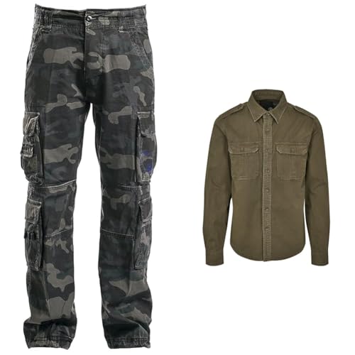 Pantalons camouflage sombre L cargo et chemise olive L en coton robuste