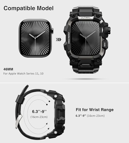 Image of ULTIMAL Rugged Case with Band for Apple Watch 46mm,Compatible with Apple Watch Series 11 /10, Military Grade Shockproof Bumper Cover for iWatch Tactical Band Men (Black, 46mm)