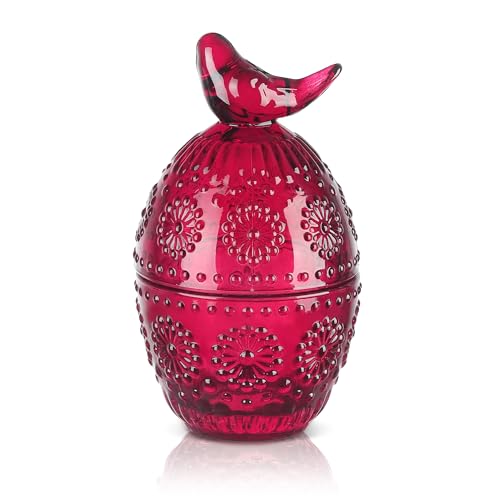 Jeoyan Christmas Glass Candy Dish with Bird Lid,Red Decorative Storage Jar