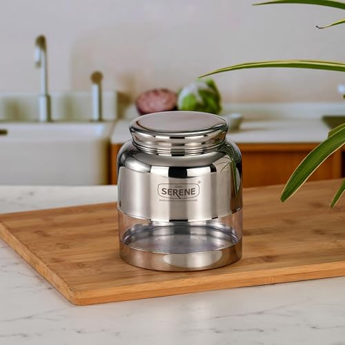 Image of Serene Stainless Steel Exotic See-Through Jar | Airtight Jars for Kitchen Storage | Premium Steel Jars with One Turn Lock Lid | Transparent Stainless Steel Containers | 1000ML | 1 PC