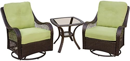 Hanover Orleans 3-Piece Steel Outdoor Patio Chat Set with Brown Wicker, Avocado Green Cushions, 2 Pillows and Glass Top Square Bistro